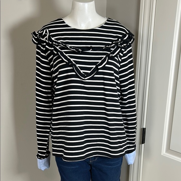 Evereve English Factory Breton Tee Stripe Ruffle Top Women Fold Over Cuff XL NEW - Picture 2 of 10